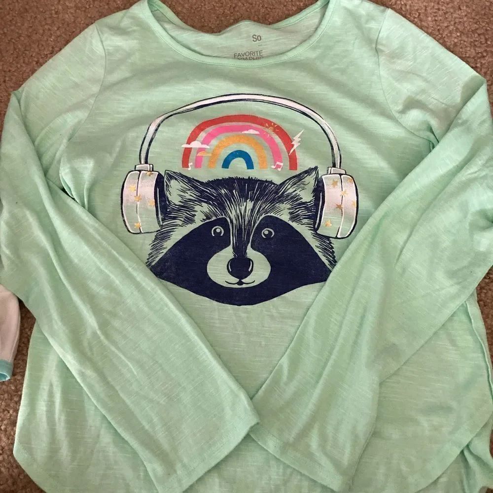 Girls Adorable Green Raccoon Rainbow Long Sleeve Tshirt